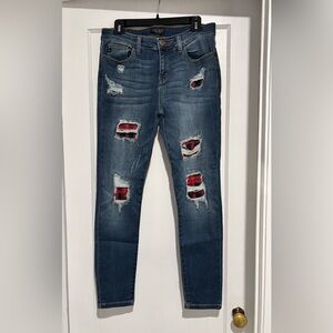 Judy Blue Distressed Blue Jeans with Buffalo Check Accents
